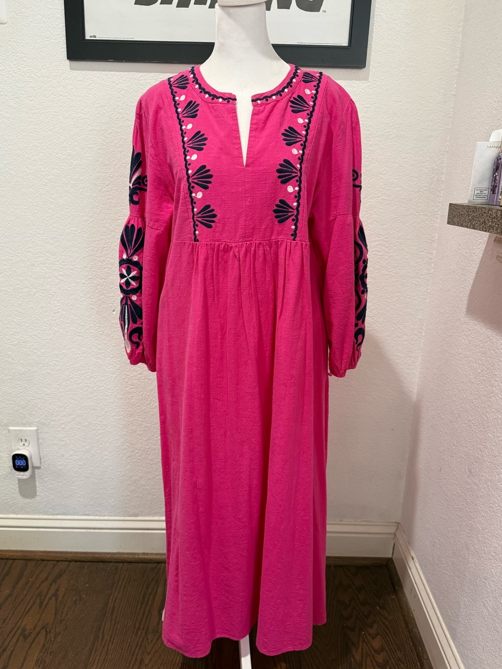 Velzera Cotton Hot Pink Maxi Dress with Navy Embroidery